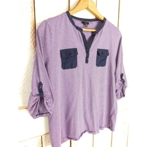 Vintage 90s Talbots lavender and blue striped pullover pocket vneck top - Picture 4 of 6